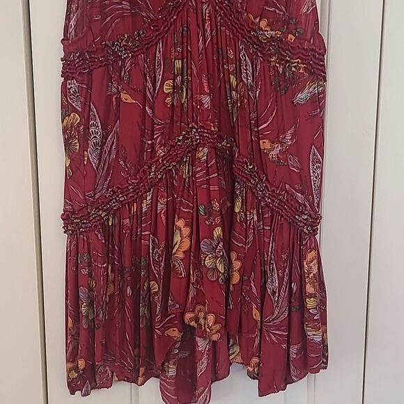 Women's Free People Red Floral Hummingbird Print Ruffle Tiered Tunic Tank Top S - Picture 5 of 12
